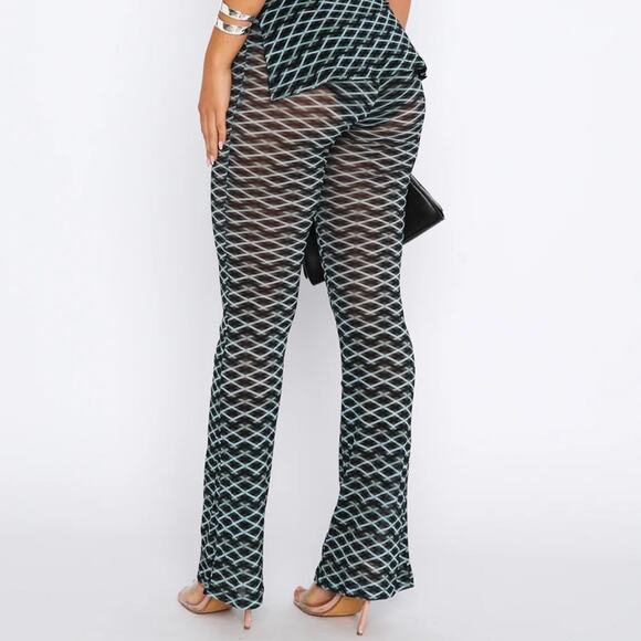White Fox No Vacancy Aqua Argyle Sheer Flare Pants Size Medium - Picture 1 of 6